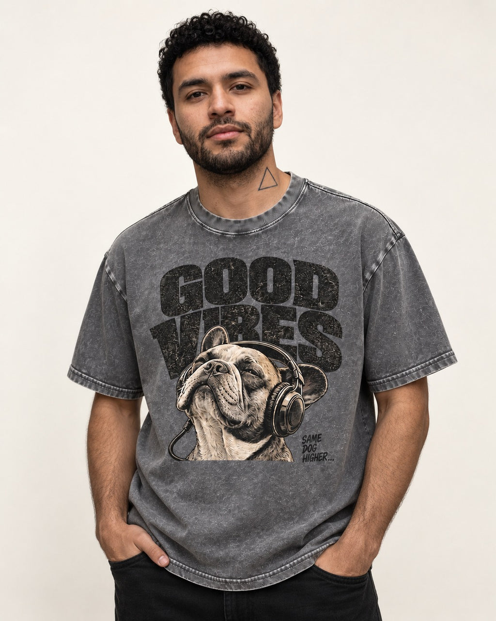 Frenchie Good Vibes Washed Tee in Gray, worn by a model