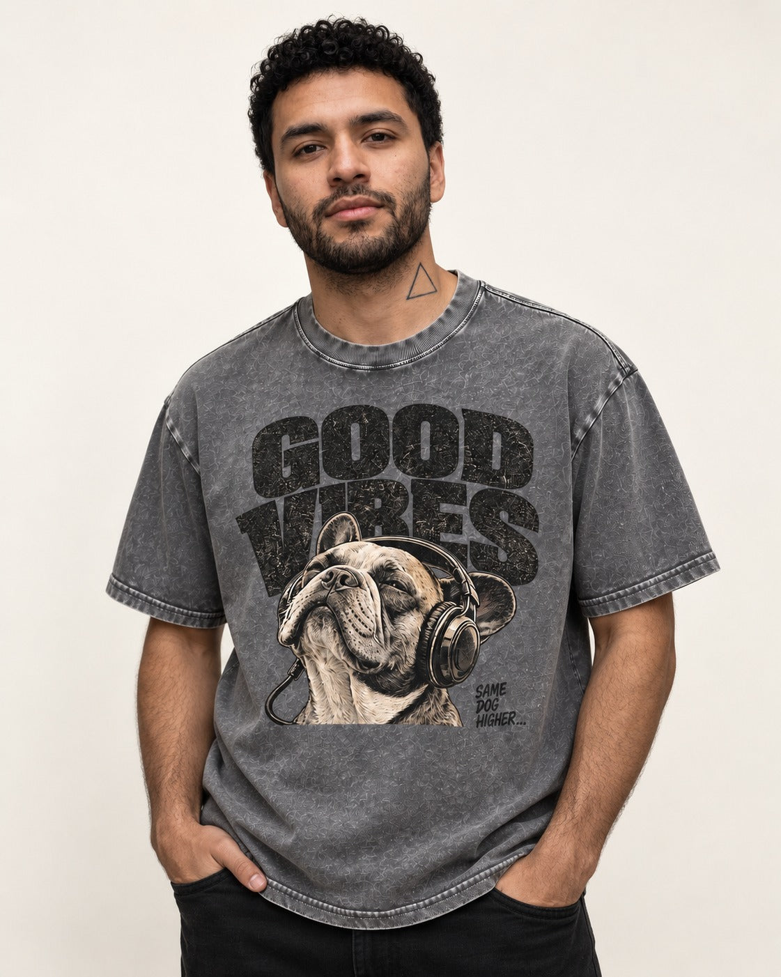 Frenchie Good Vibes Washed Tee in Gray, worn by a model