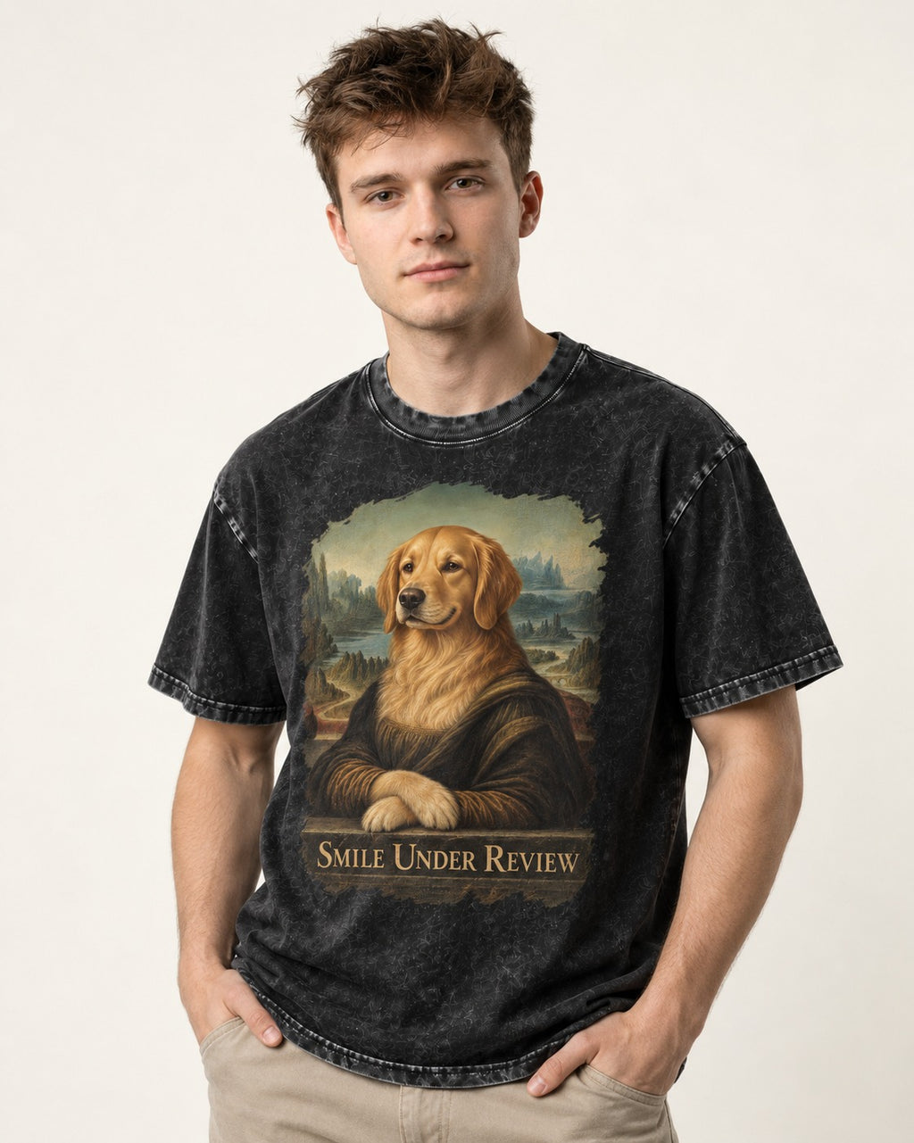 Smile Under Review Renaissance Portrait Golden Retriever Graphic Washed Tee in Black, worn by a model