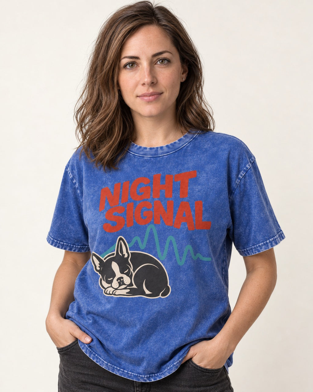 Boston Terrier Sleeping Night Signal Washed Tee in Royal Blue, worn by a model