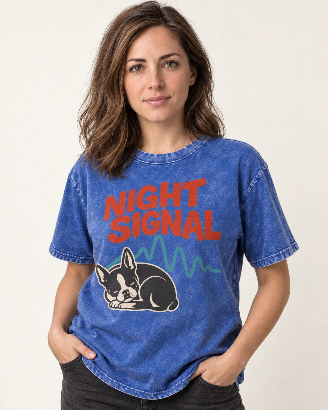 Boston Terrier Sleeping Night Signal Washed Tee in Royal Blue, worn by a model