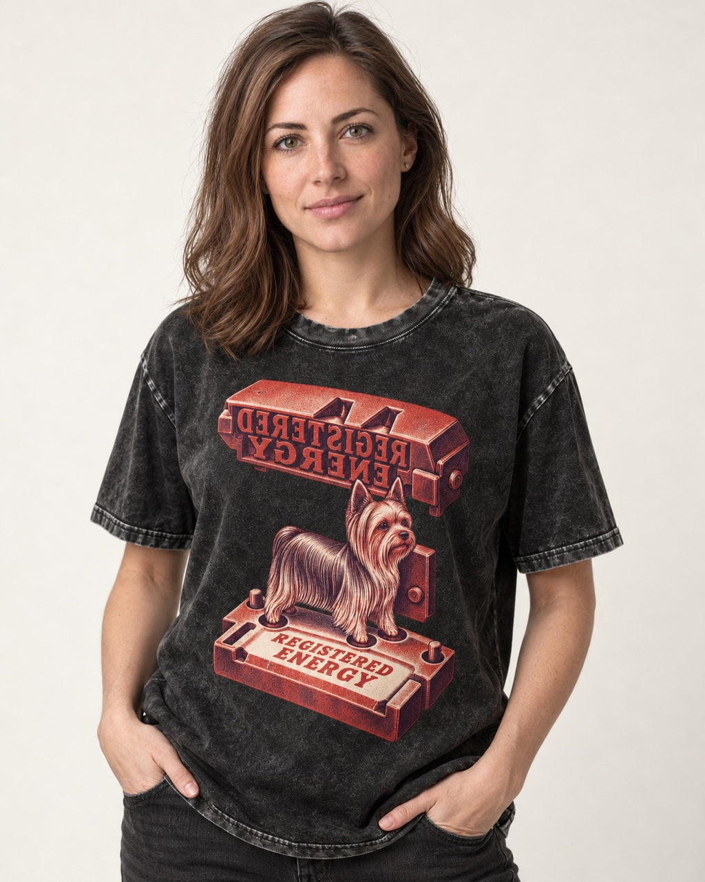 Yorkshire Terrier Registered Energy Stamp Press Graphic Washed Tee in Black, worn by a model