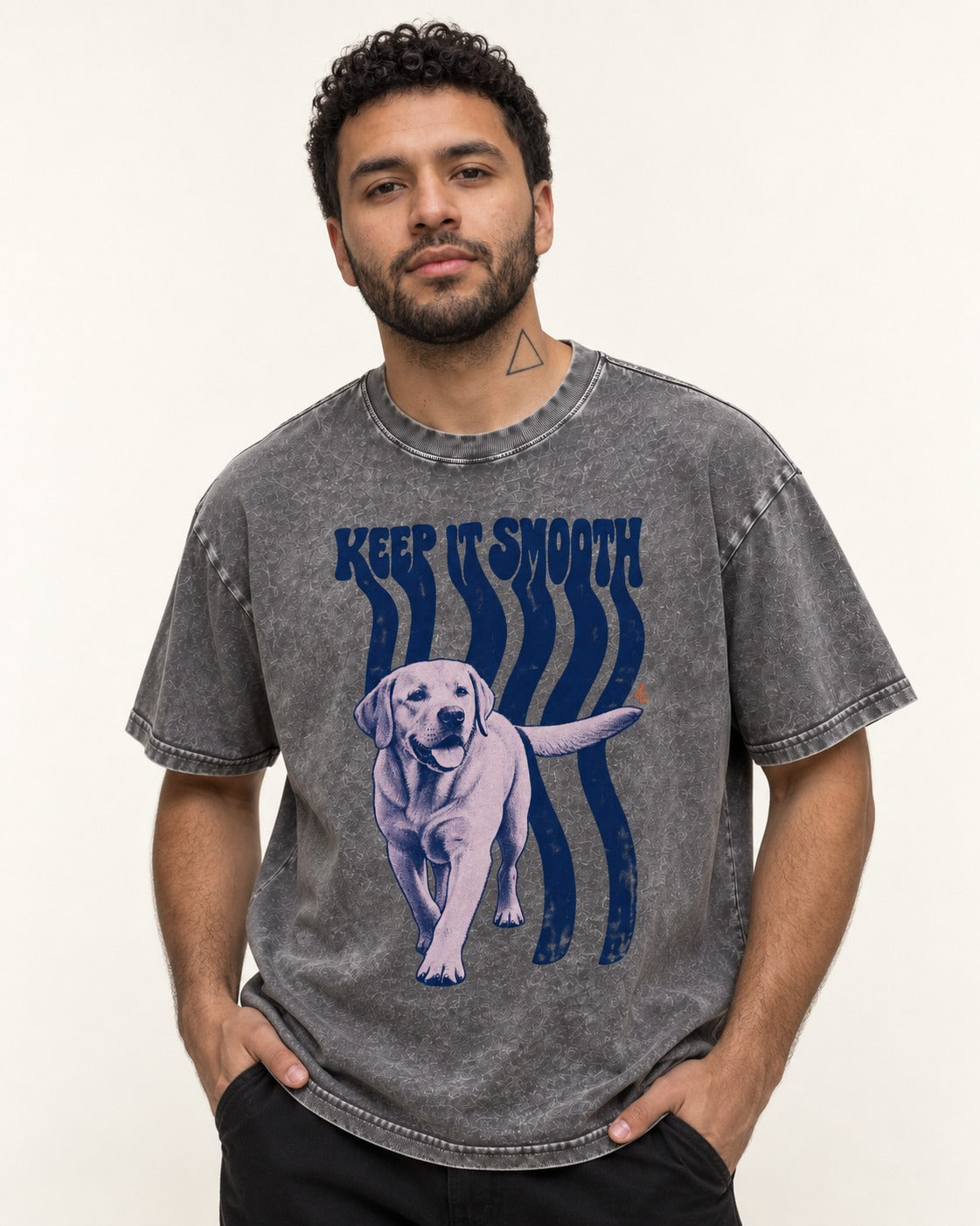 Keep It Smooth Labrador Retriever Washed Tee in Gray, worn by a model