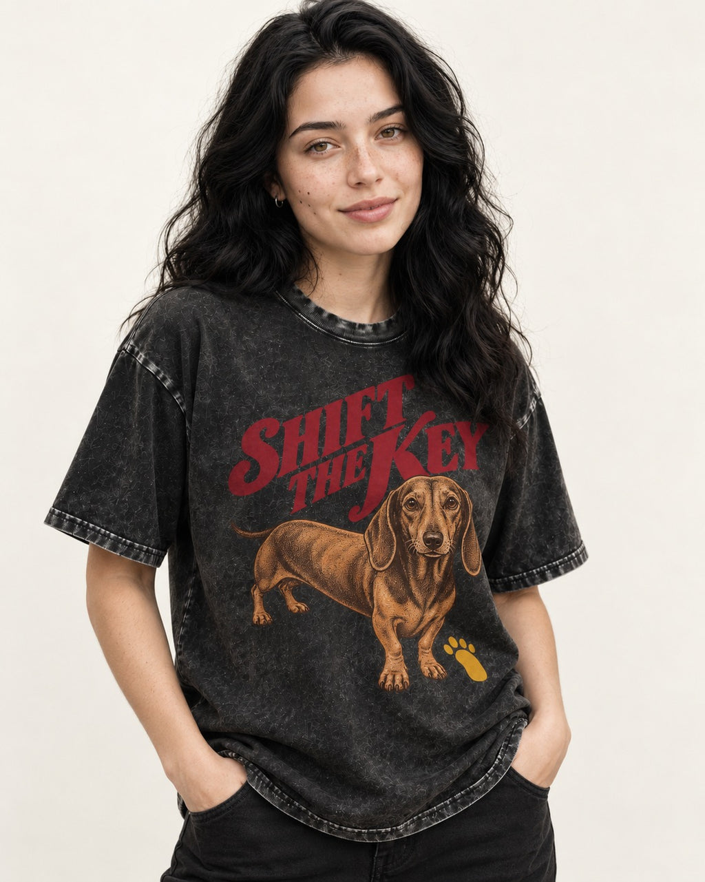 Dachshund Shift The Key Pawprint Graphic Washed Tee in Black, worn by a model