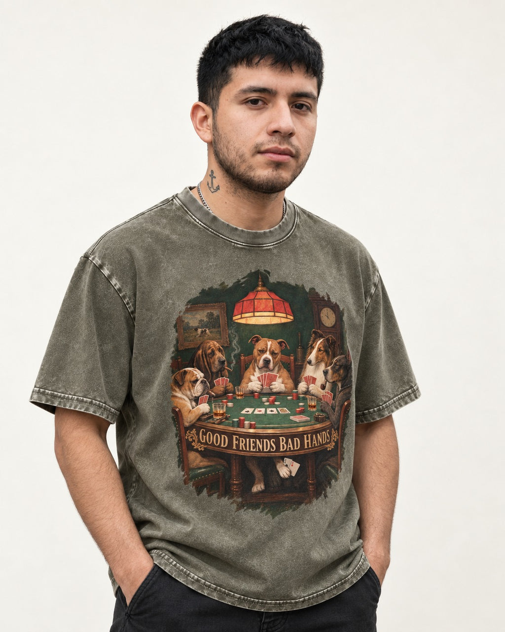 Pitbull Good Friends Bad Hands Poker Night Graphic Washed Tee in Army Green, worn by a model
