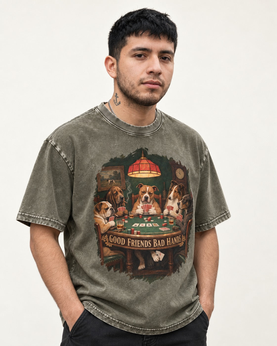 Pitbull Good Friends Bad Hands Poker Night Graphic Washed Tee in Army Green, worn by a model