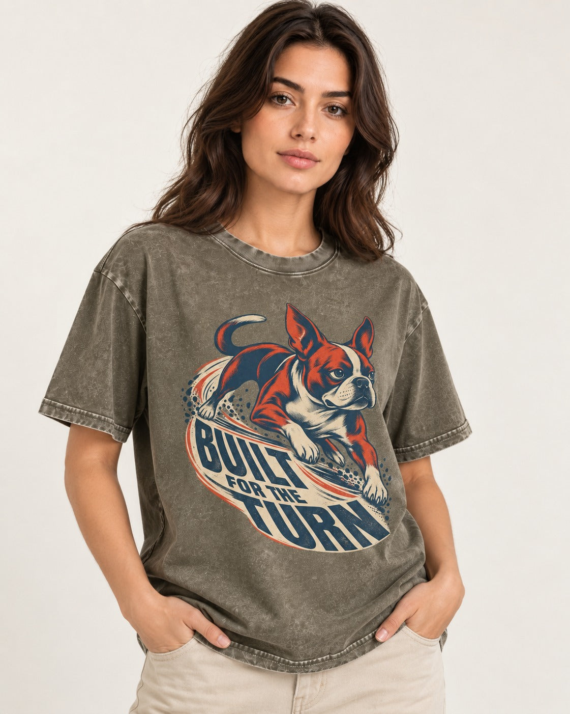 Built for the Turn Boston Terrier Washed Tee in Army Green, worn by a model