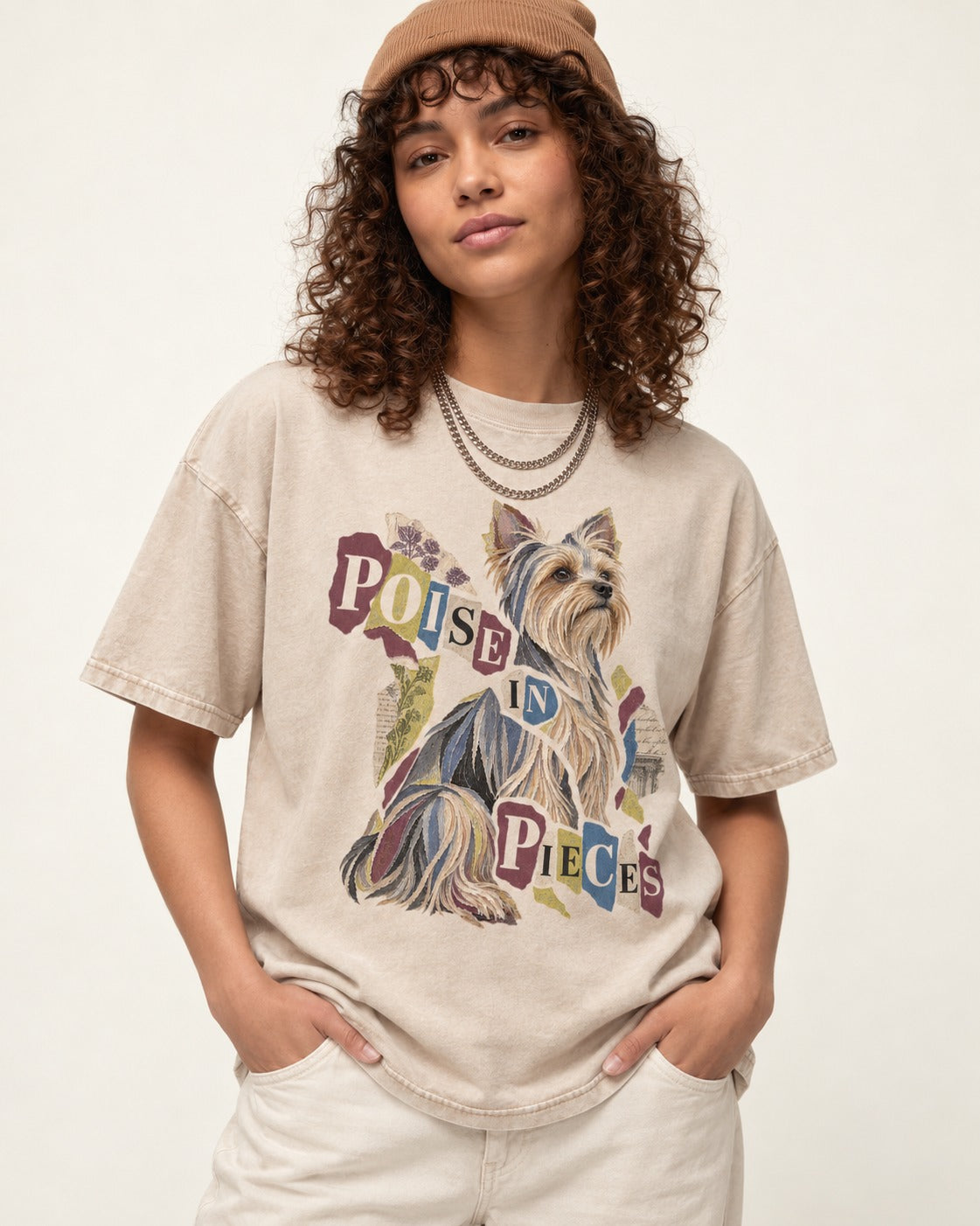 Yorkshire Terrier Poise in Pieces Torn Paper Collage Graphic Washed Tee in Apricot, worn by a model