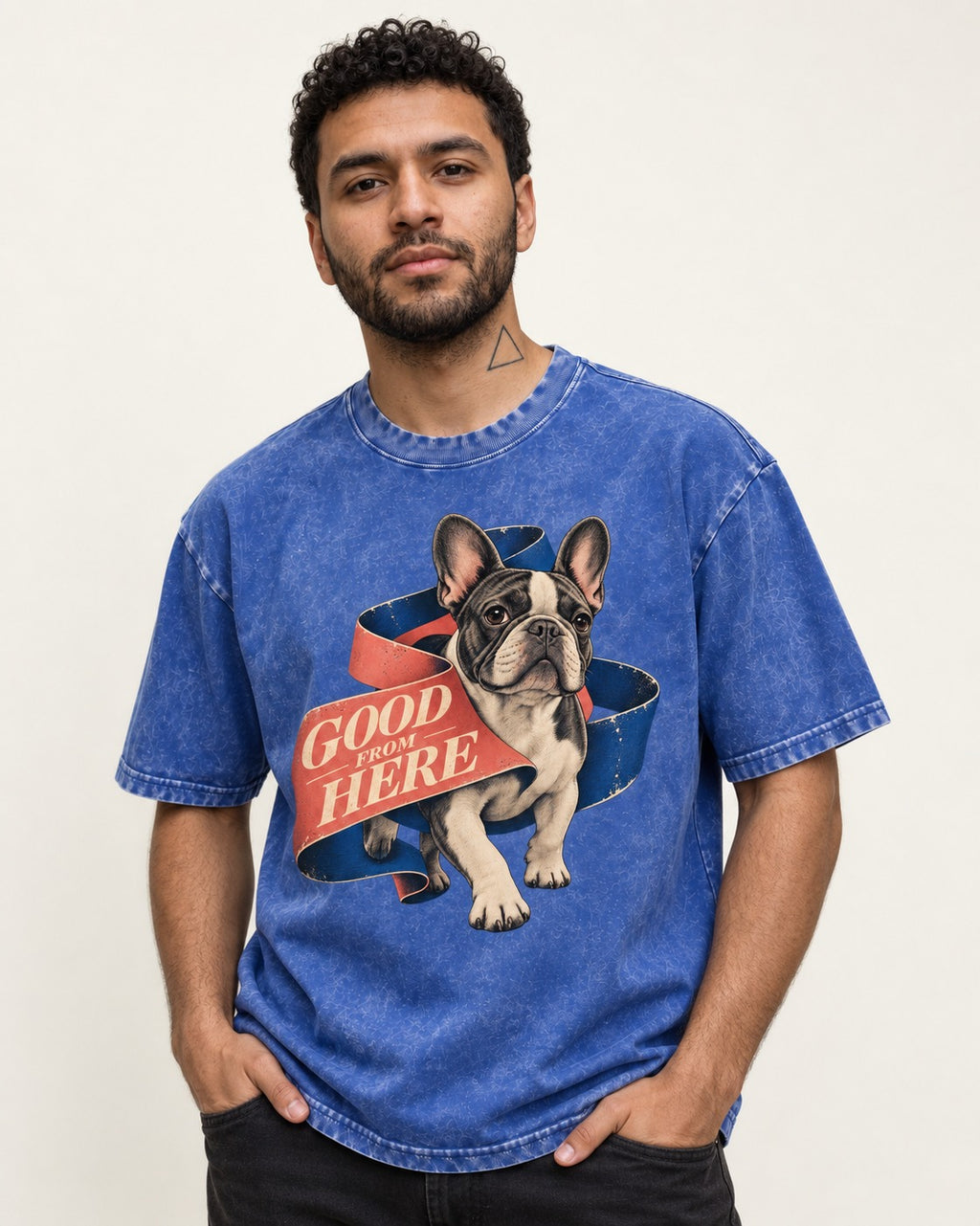 Frenchie Good From Here Ribbon Graphic Washed Tee in Royal Blue, worn by a model