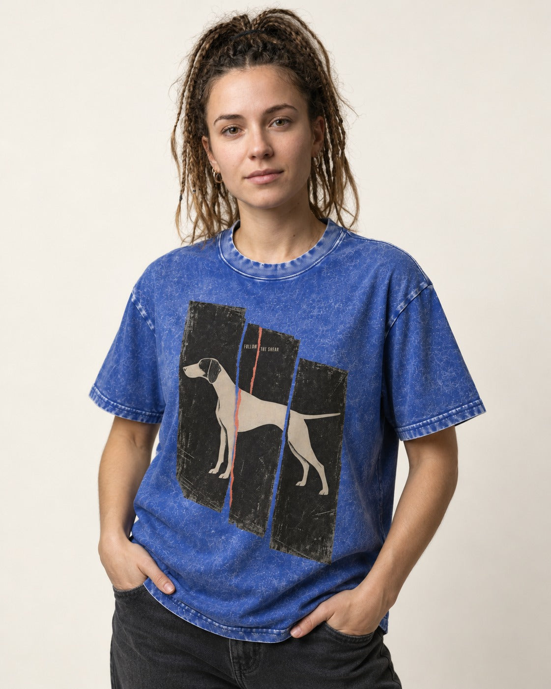 German Shorthaired Pointer Follow The Shear Split Panel Graphic Washed Tee in Royal Blue, worn by a model