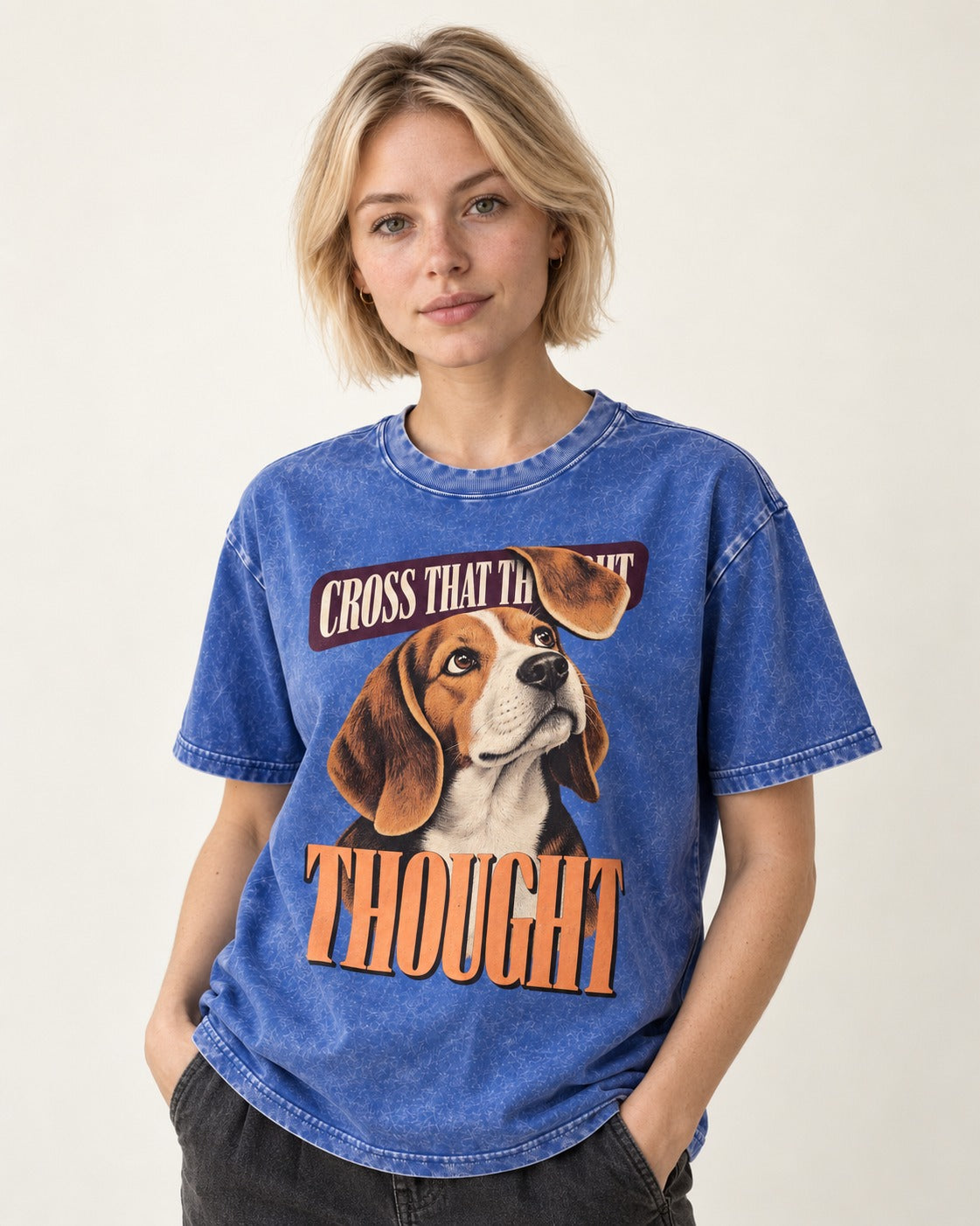 Cross That Beagle Thought Washed Tee in Royal Blue, worn by a model