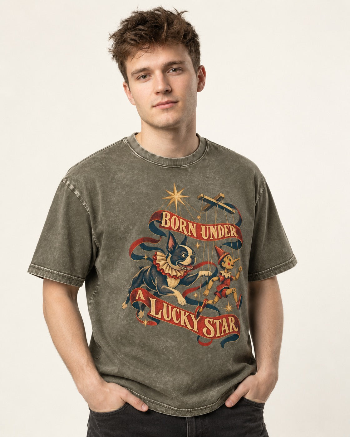 Born Under a Lucky Star Boston Terrier Washed Tee in Army Green, worn by a model