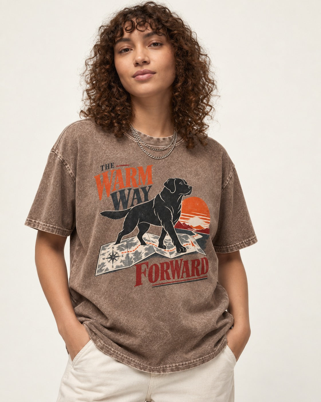 The Warm Way Forward Labrador Retriever Washed Tee in Coffee, worn by a model