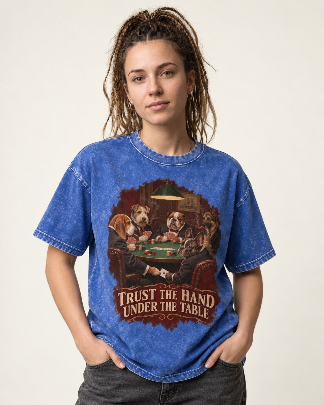 Frenchie Trust the Hand Under the Table Poker Dogs Graphic Washed Tee in Royal Blue, worn by a model