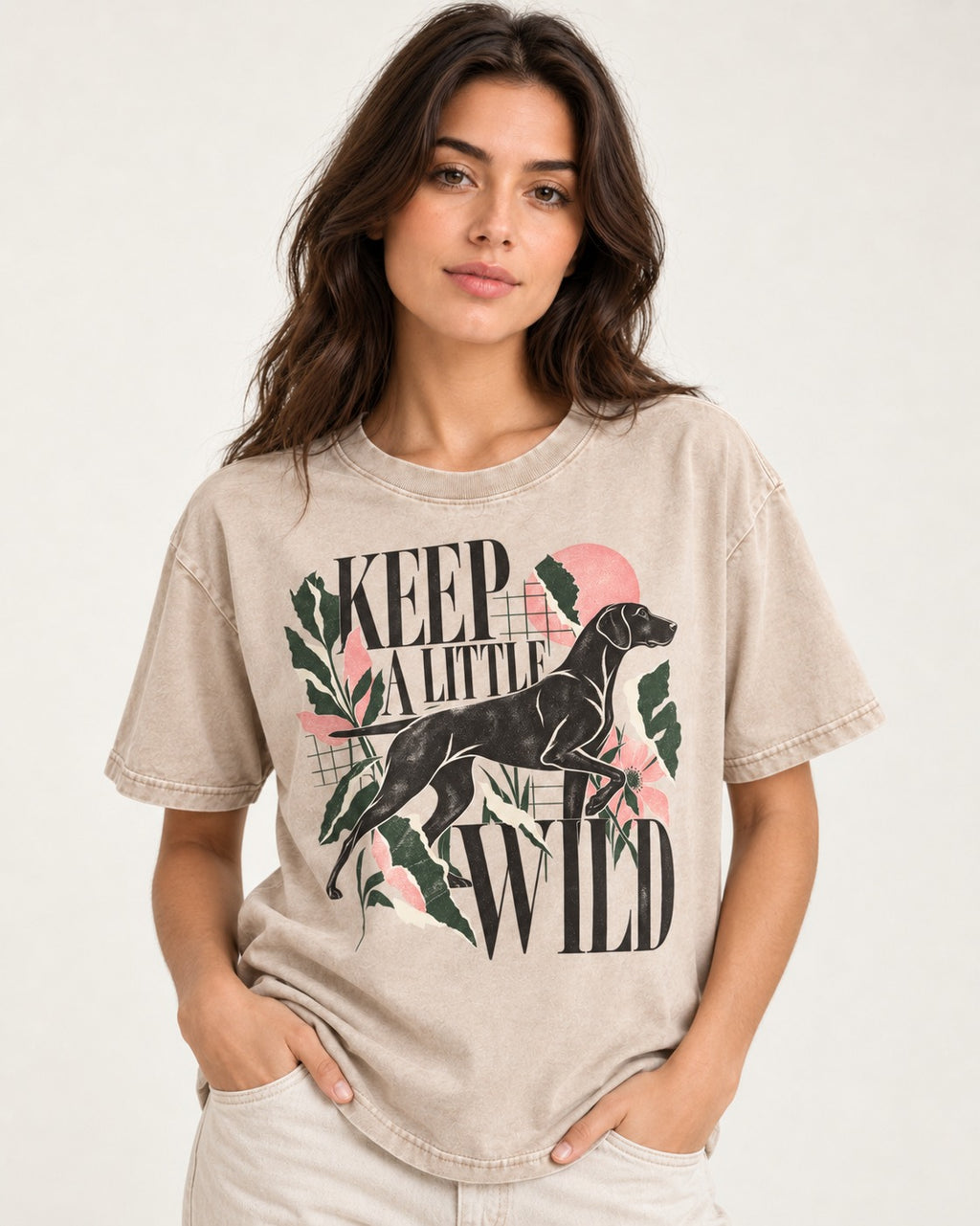 Keep a Little Wild German Shorthaired Pointer Washed Tee in Apricot, worn by a model