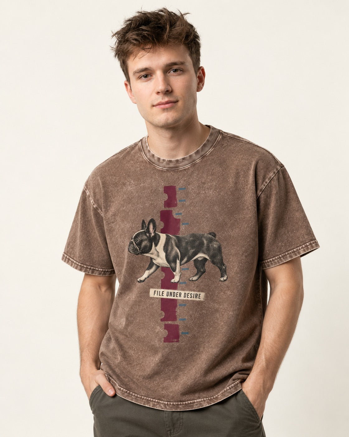 File Under Frenchie Desire Washed Tee in Coffee, worn by a model
