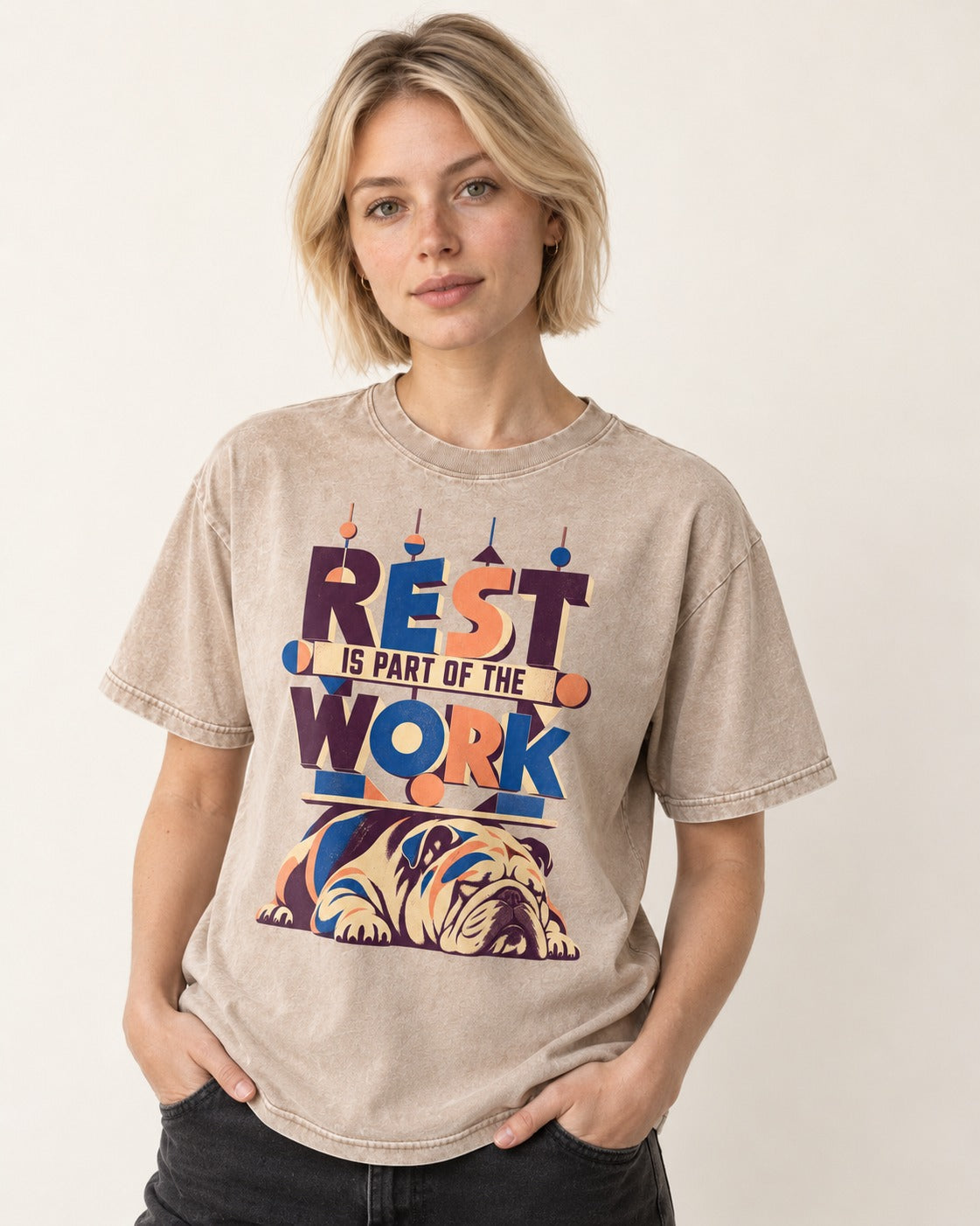Rest Is Work English Bulldog Washed Tee in Apricot, worn by a model