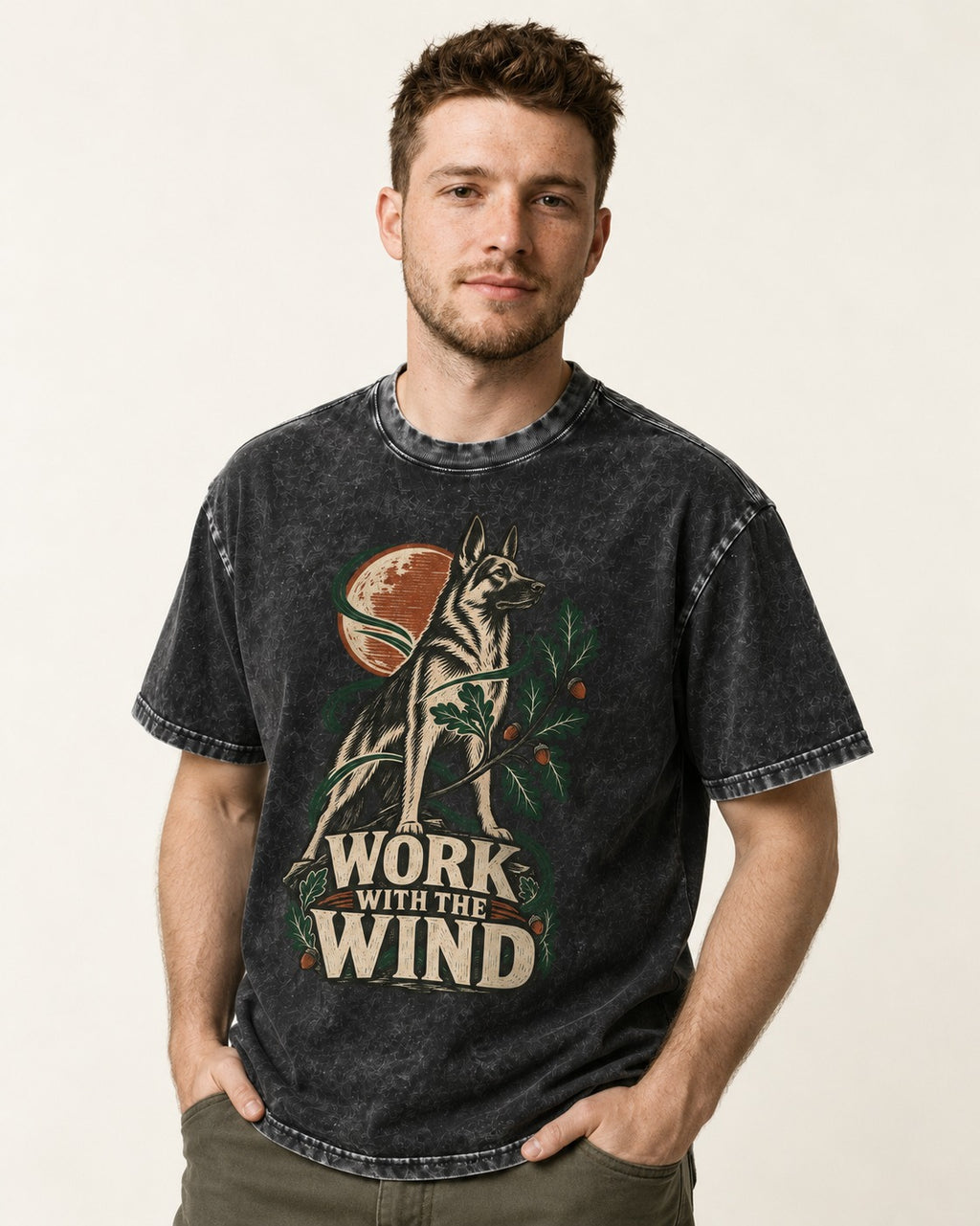 Work With The Wind Botanical Woodcut German Shepherd Dog Graphic Washed Tee in Black, worn by a model