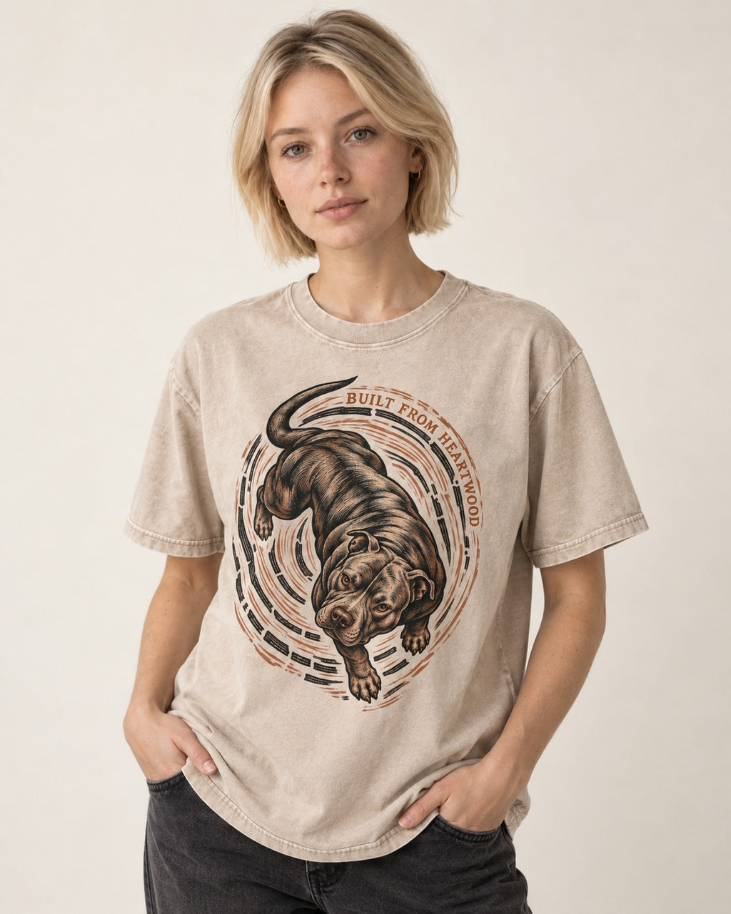 Pitbull Built From Heartwood Washed Tee in Apricot, worn by a model