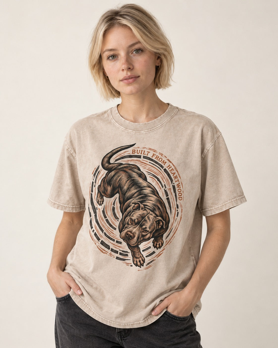 Pitbull Built From Heartwood Washed Tee in Apricot, worn by a model