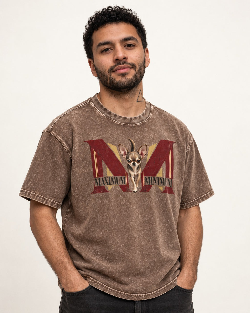 Maximum Minimum Chihuahua Washed Tee in Coffee, worn by a model