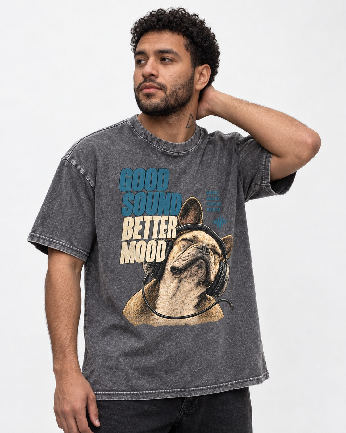 Frenchie Good Sound Better Mood Headphones Graphic Washed Tee in Gray, worn by a model