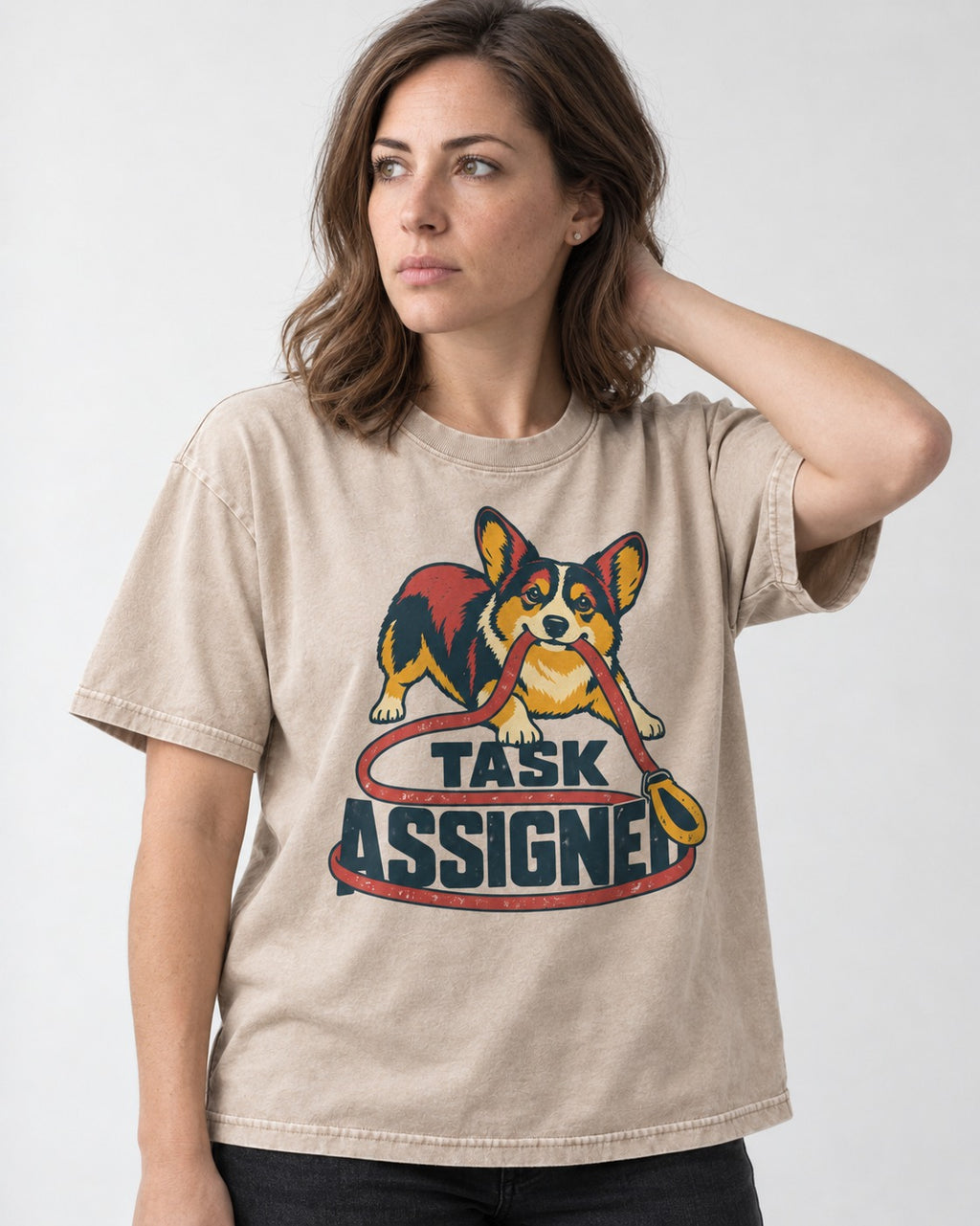 Corgi Task Assigned Washed Tee in Apricot, worn by a model