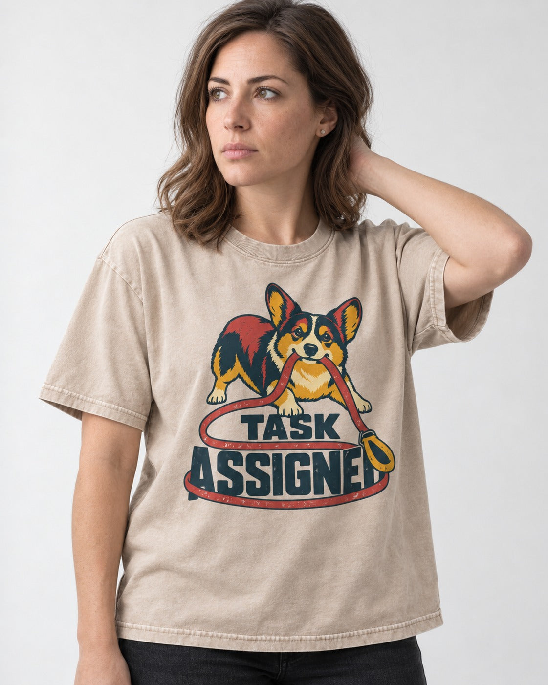 Corgi Task Assigned Washed Tee in Apricot, worn by a model