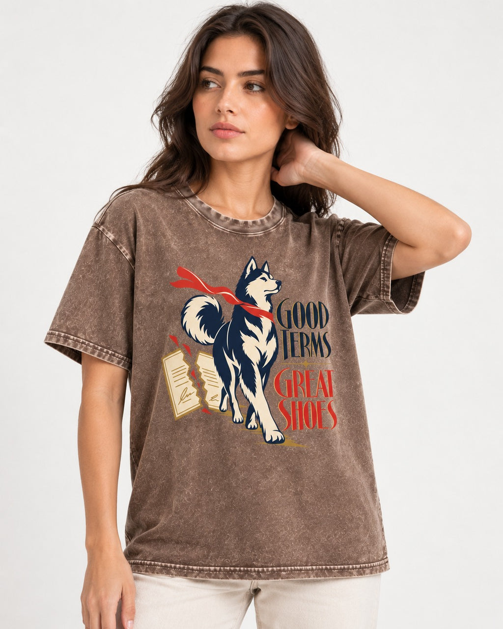 Husky Good Terms Great Shoes Washed Tee in Coffee, worn by a model