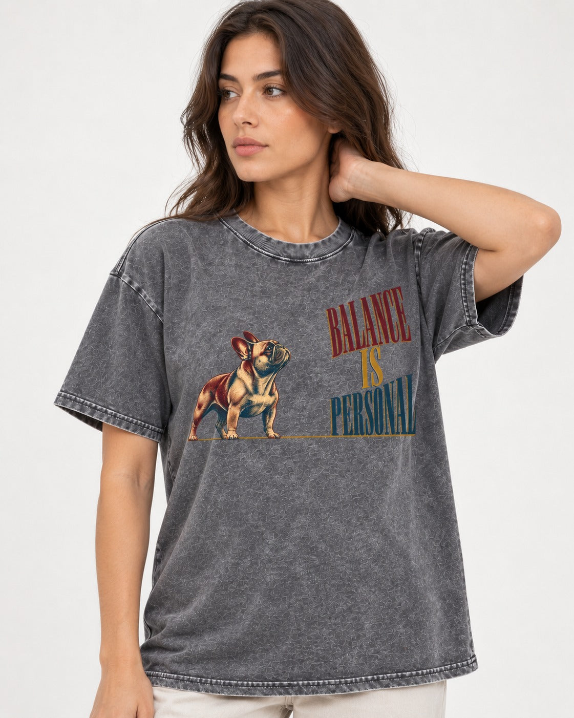 Frenchie Balance Is Personal Washed Tee in Gray, worn by a model