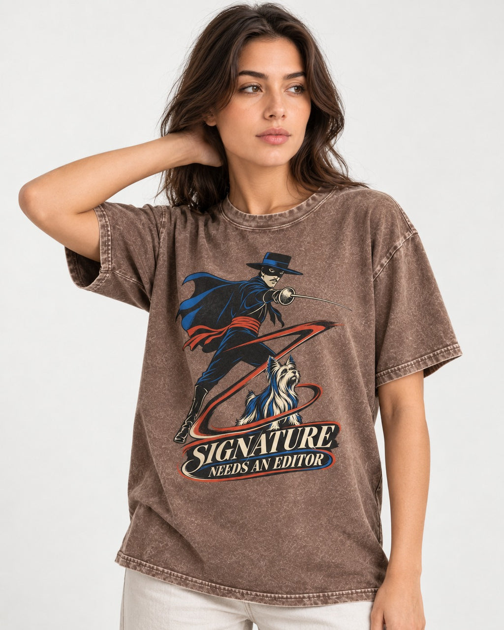 Yorkshire Terrier Signature Needs an Editor Washed Tee in Coffee, worn by a model