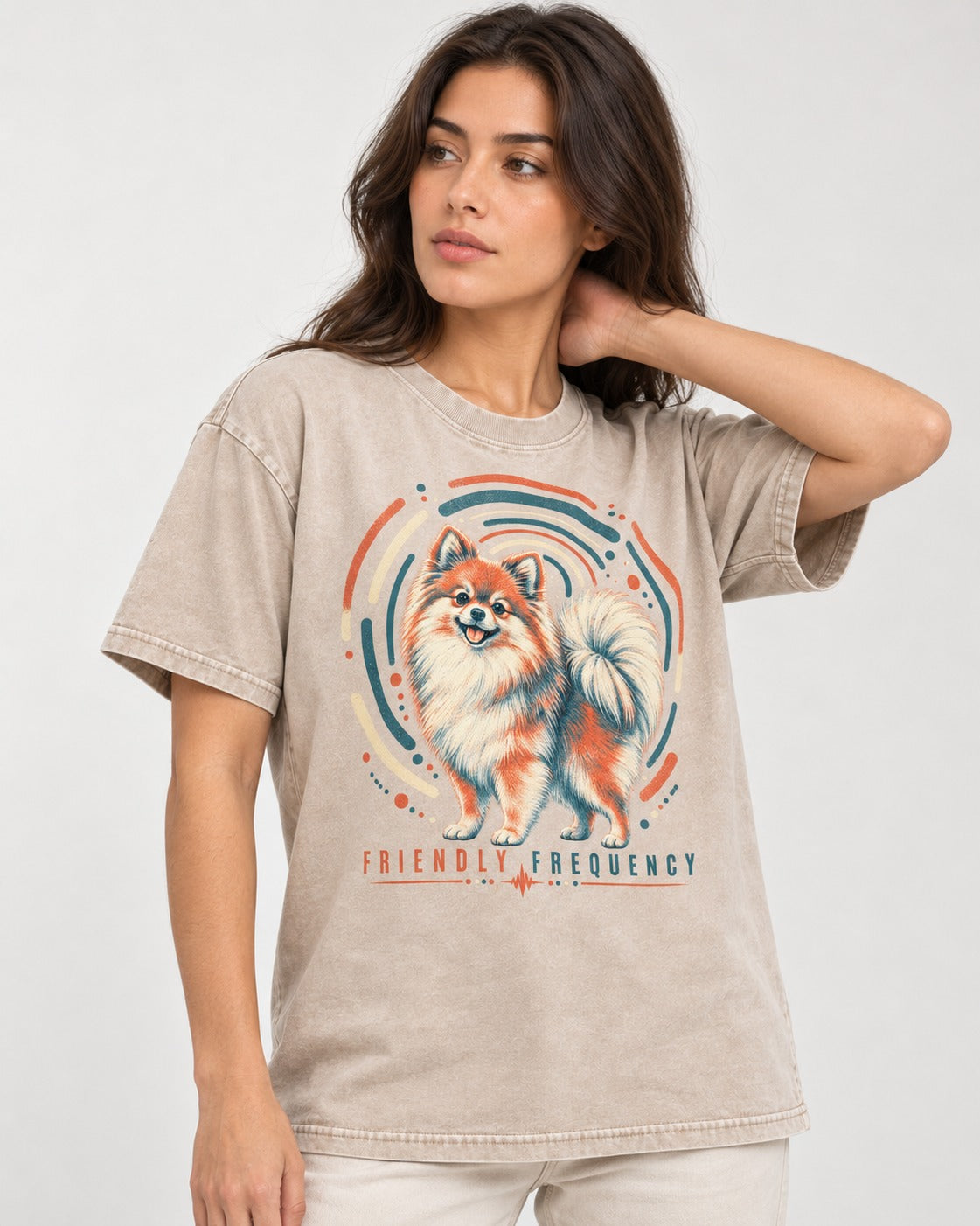 Friendly Frequency Pomeranian Washed Tee in Apricot, worn by a model