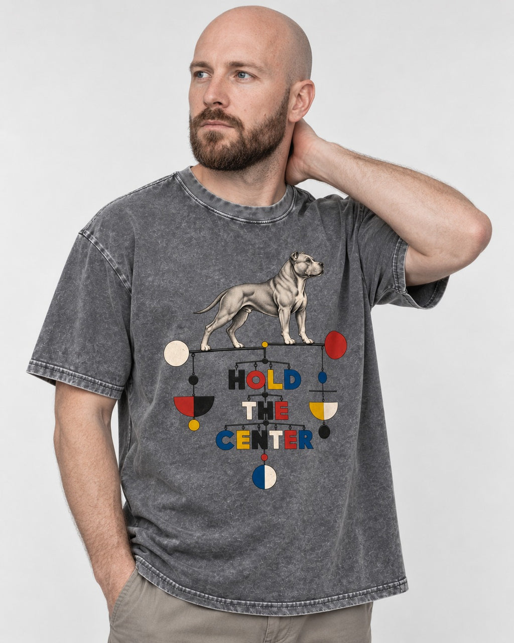 Pitbull Hold the Center Balance Mobile Graphic Washed Tee in Gray, worn by a model