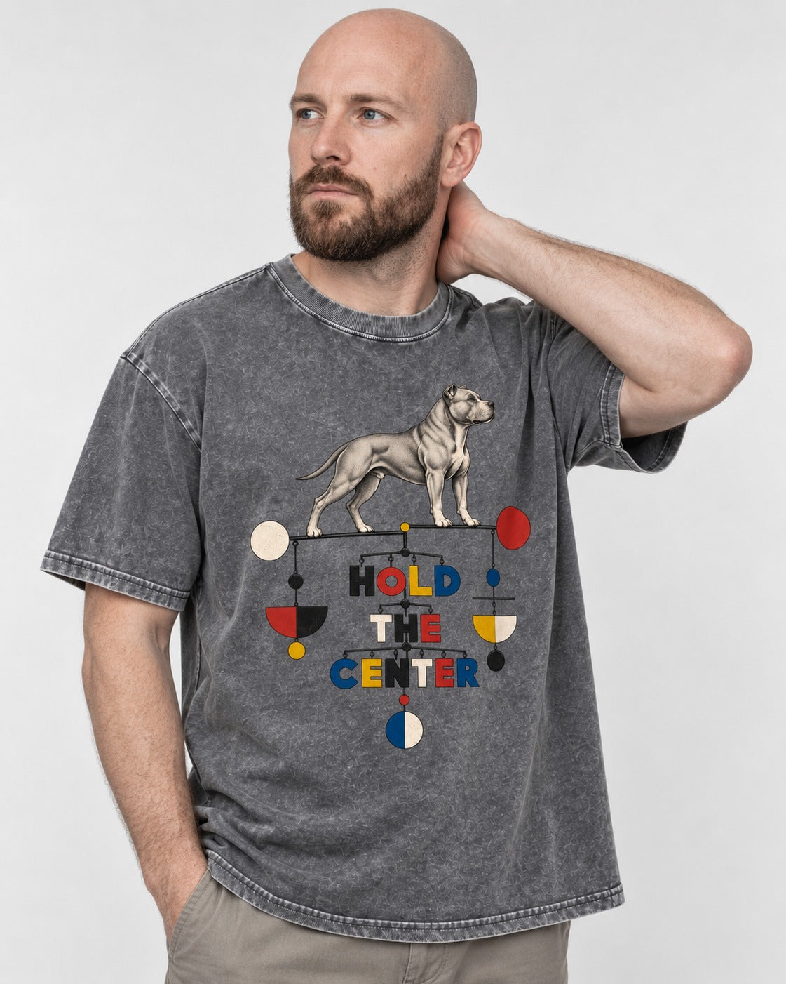 Pitbull Hold the Center Balance Mobile Graphic Washed Tee in Gray, worn by a model