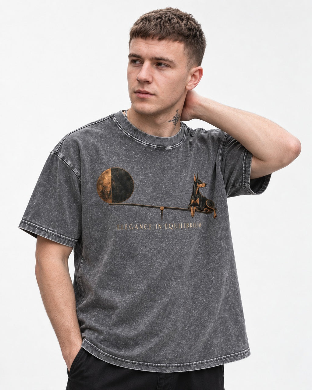 Doberman Elegance in Equilibrium Balance Graphic Washed Tee in Gray, worn by a model