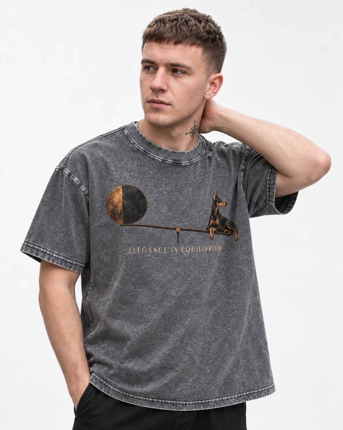 Doberman Elegance in Equilibrium Balance Graphic Washed Tee in Gray, worn by a model