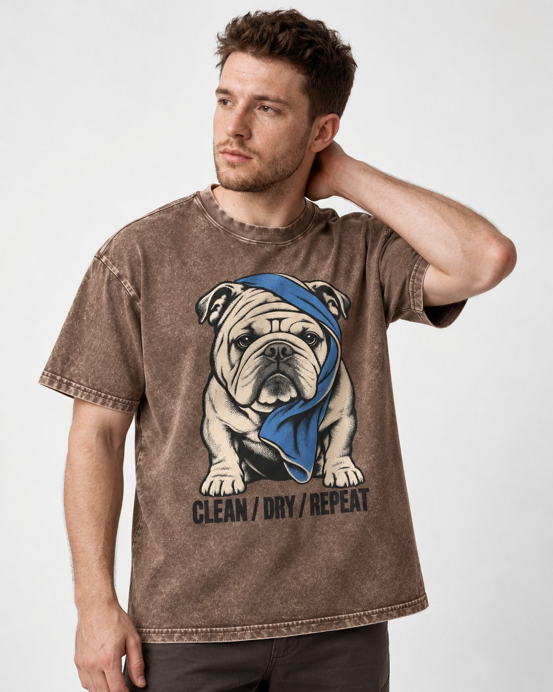 Clean Dry Repeat English Bulldog Washed Tee in Coffee, worn by a model