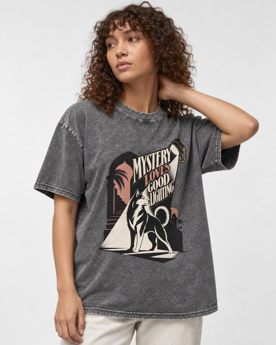 Husky Loves Good Lighting Washed Tee in Gray, worn by a model