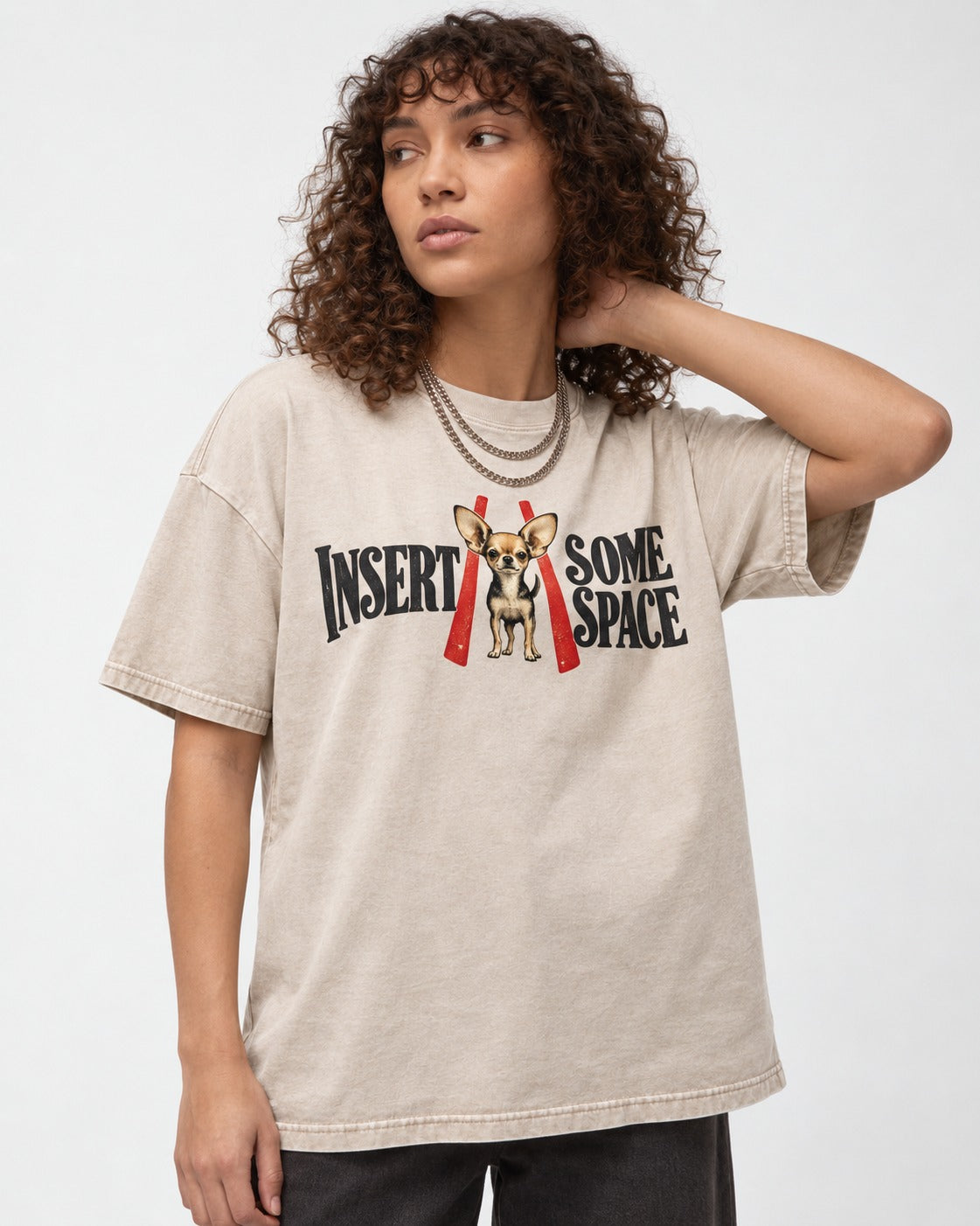 Insert Some Chihuahua Space Washed Tee in Apricot, worn by a model
