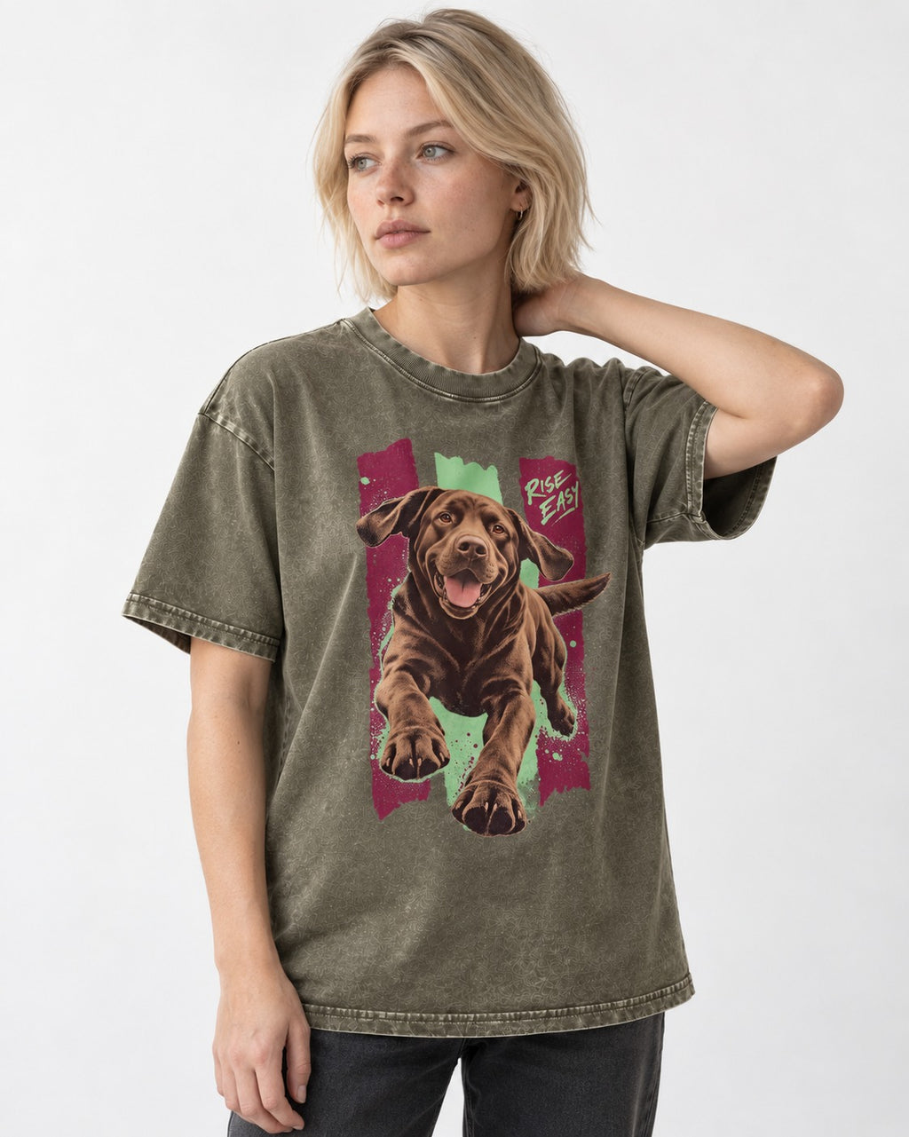 Labrador Retriever Rise Easy Running Chocolate Lab Graphic Washed Tee in Army Green, worn by a model