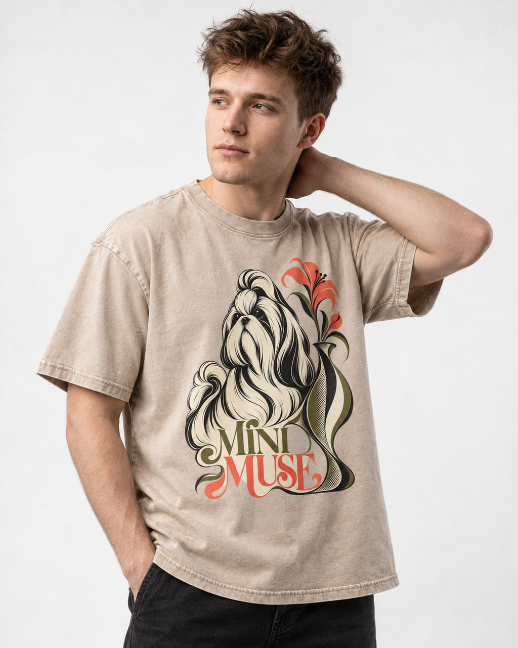 Shih Tzu Mini Muse Washed Tee in Apricot, worn by a model