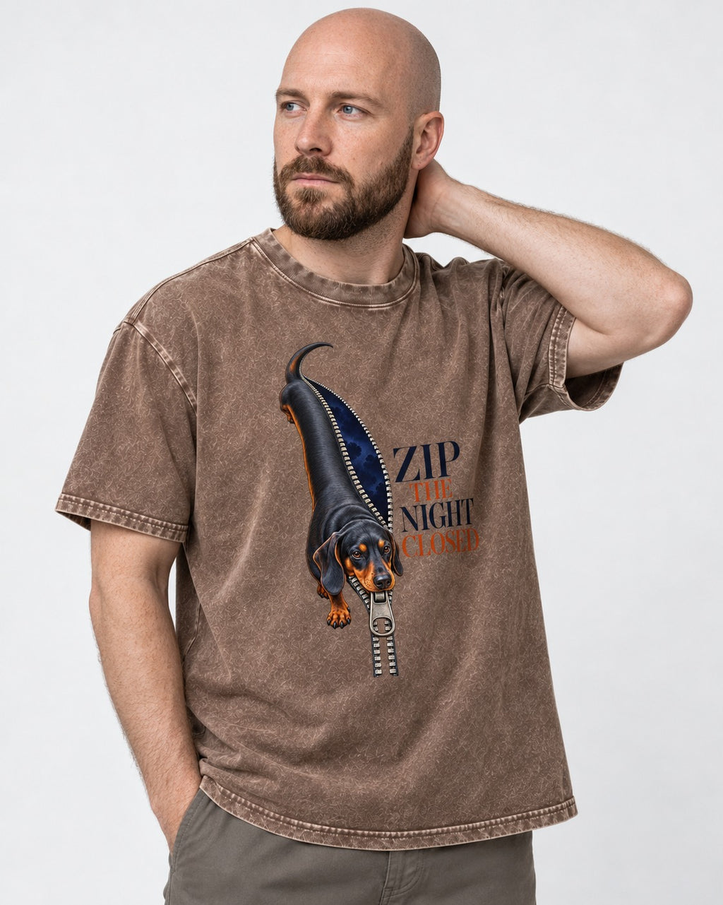 Zip the Night Closed Dachshund Washed Tee in Coffee, worn by a model