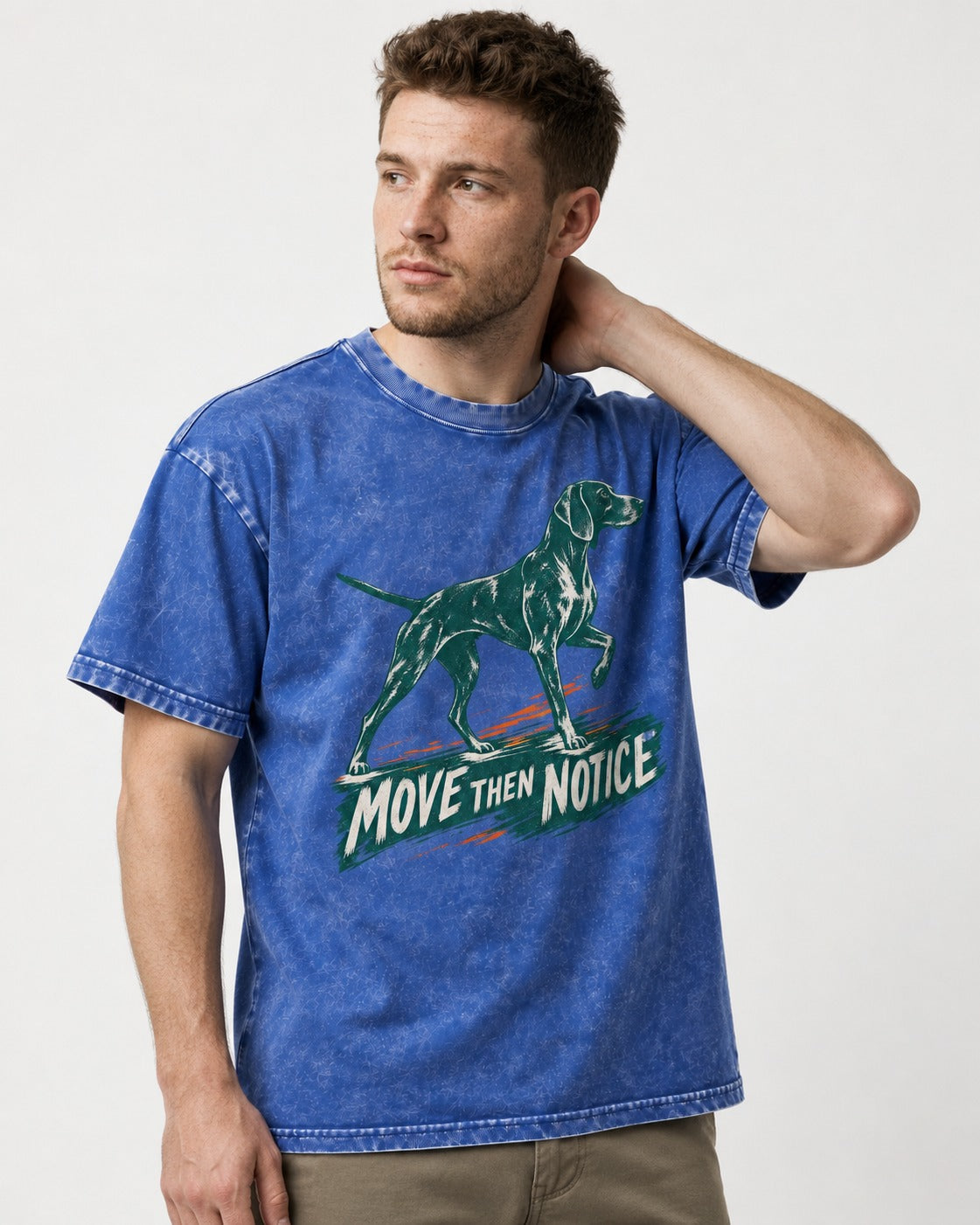 German Shorthaired Pointer Move Then Notice Brushstroke Graphic Washed Tee in Royal Blue, worn by a model