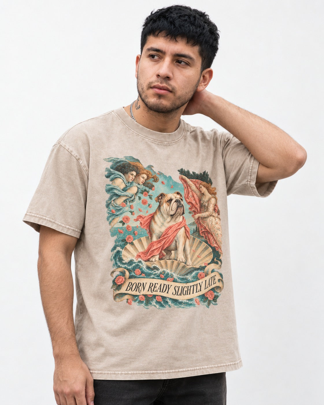 Born Ready Slightly Late English Bulldog Washed Tee in Apricot, worn by a model