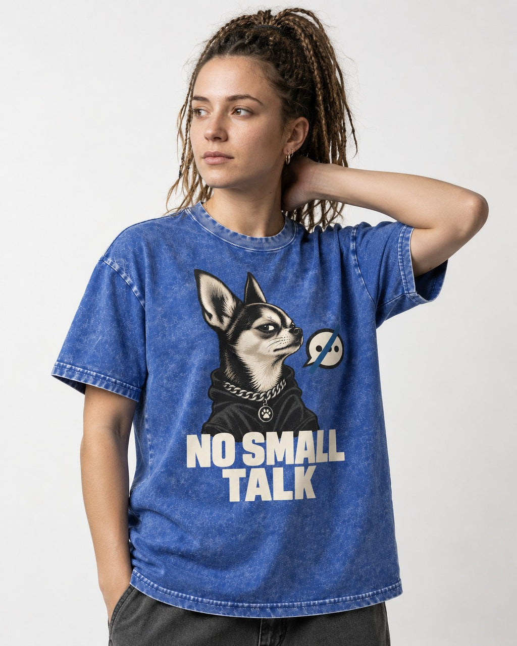 Chihuahua No Small Talk Speech-Off Portrait Graphic Washed Tee in Royal Blue, worn by a model