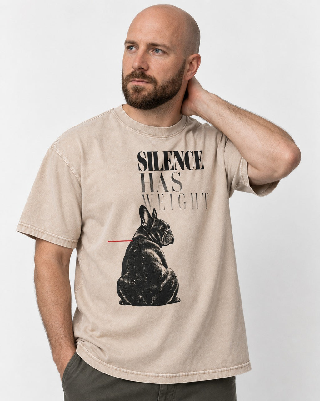 Silence Has Weight Frenchie Washed Tee in Apricot, worn by a model