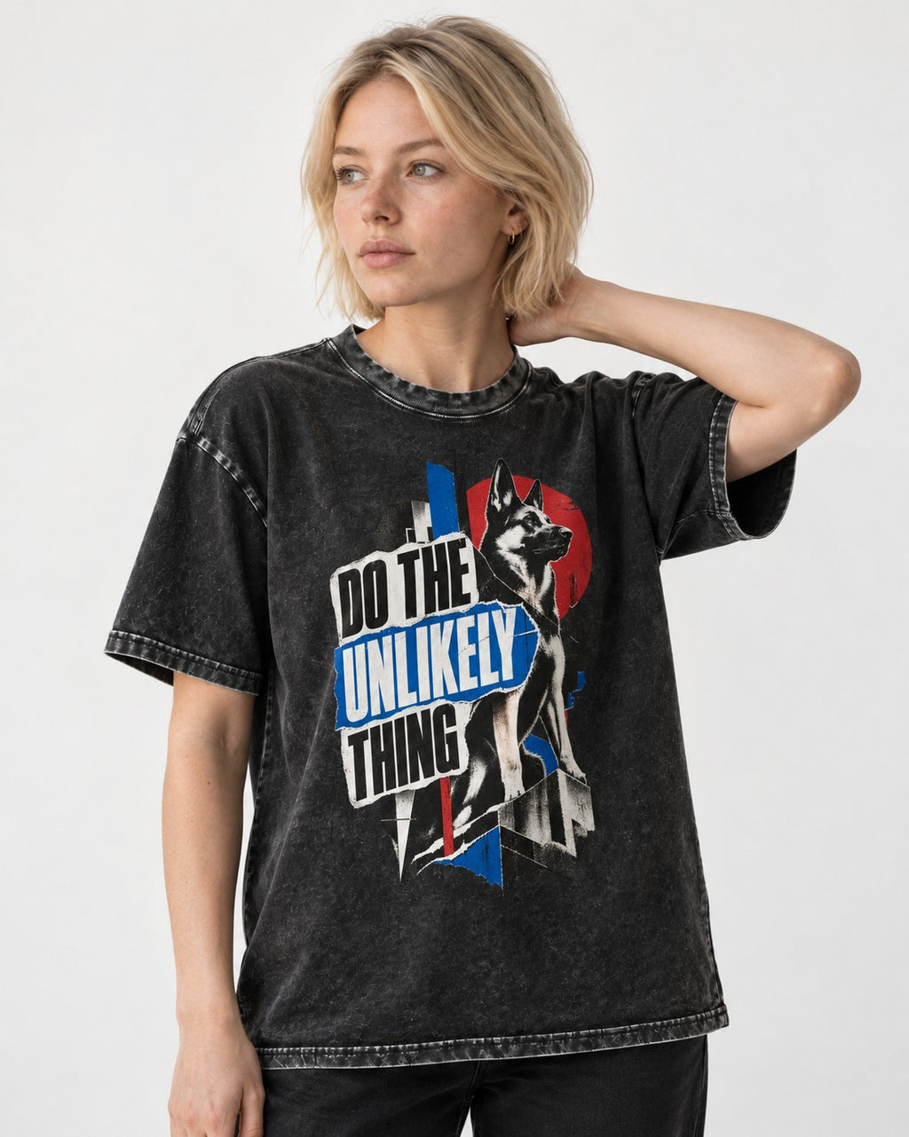 Do The Unlikely Thing Torn Poster German Shepherd Dog Graphic Washed Tee in Black, worn by a model