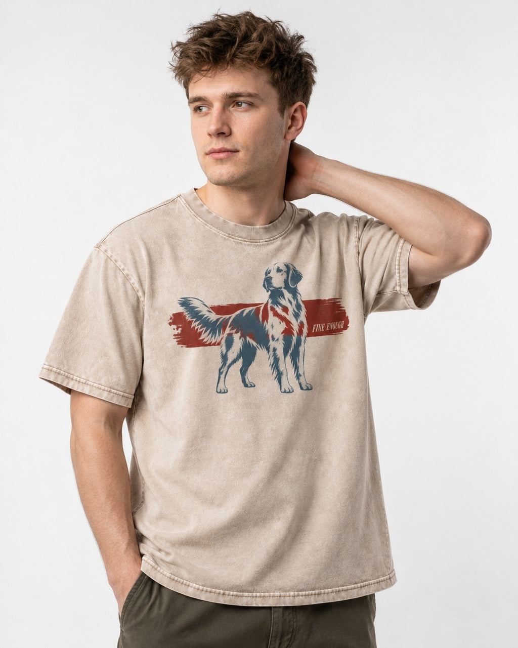 Fine Enough Golden Retriever Washed Tee in Apricot, worn by a model