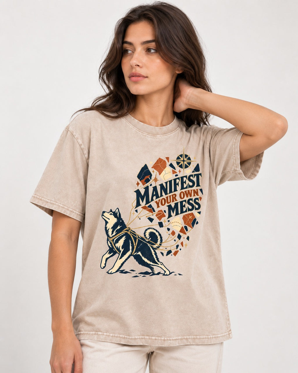Husky Manifest Your Own Mess Washed Tee in Apricot, worn by a model