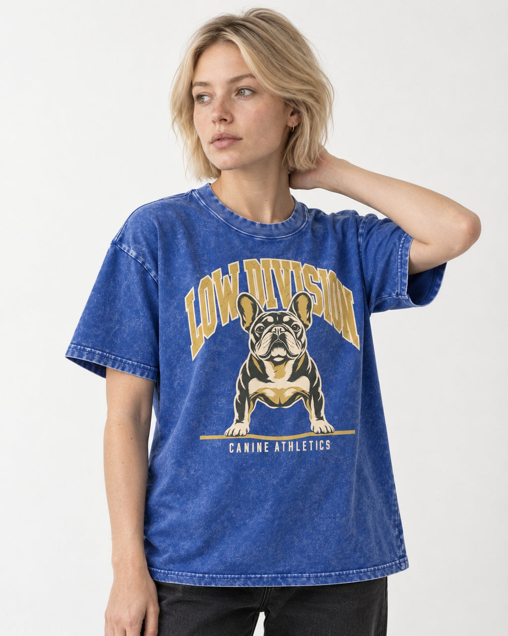 Frenchie Low Division Canine Athletics Graphic Washed Tee in Royal Blue, worn by a model